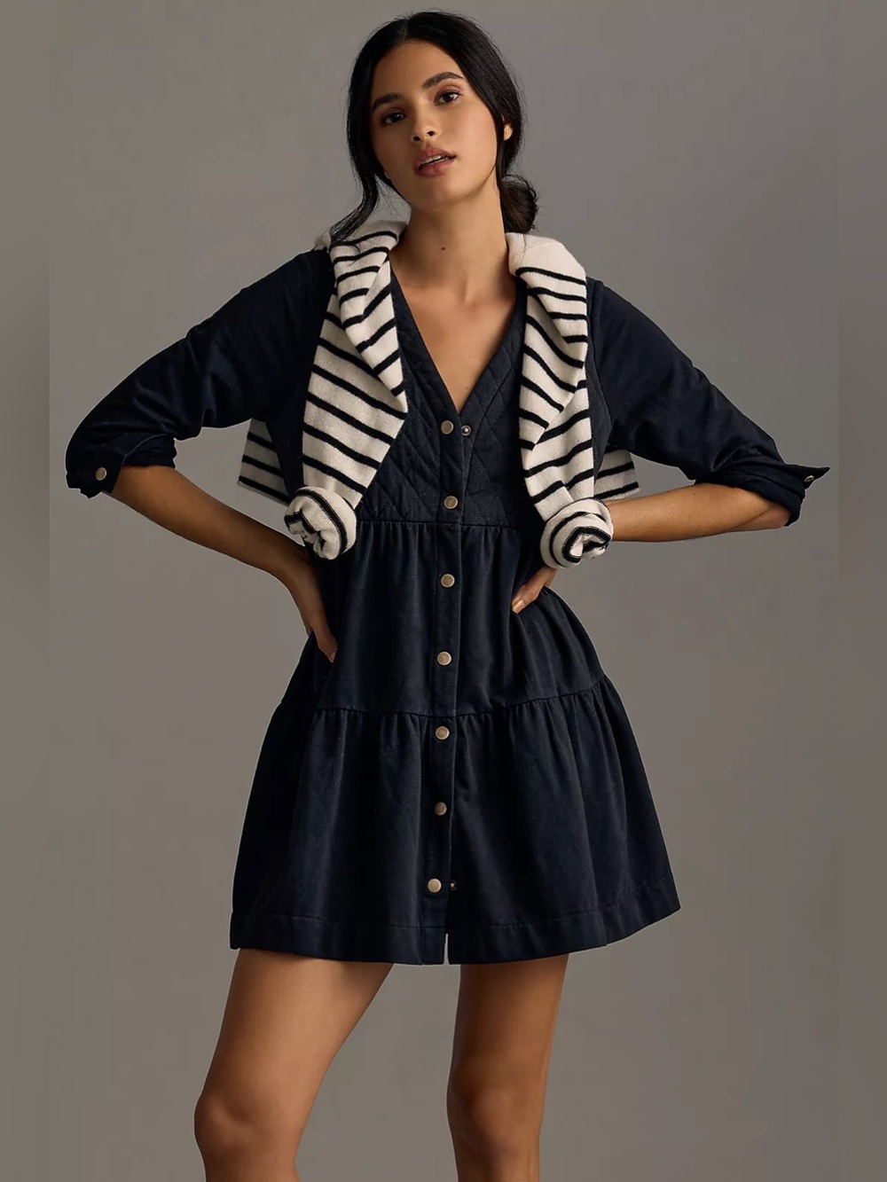 Anthropologie Sundays Clifton Long Sleeve Mini Dress Black Size Large Button Up